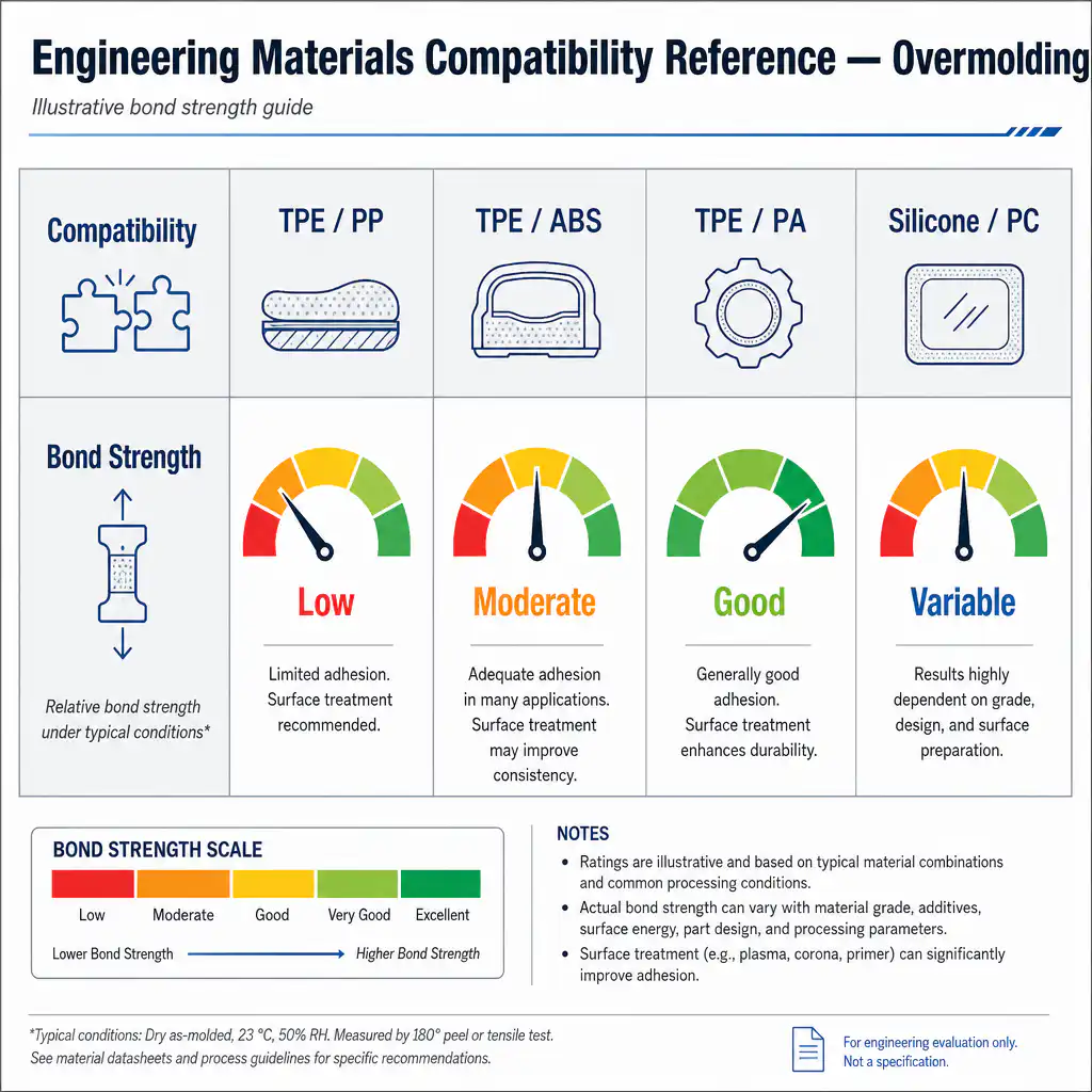 Material compatibility chart overmolding substrate overmold