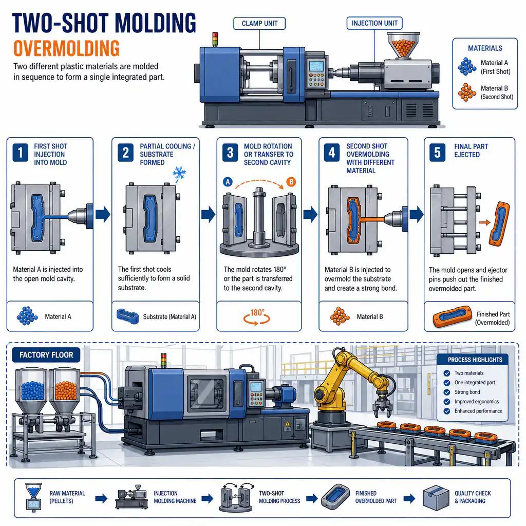 Overmolding injection molding two shot process diagram