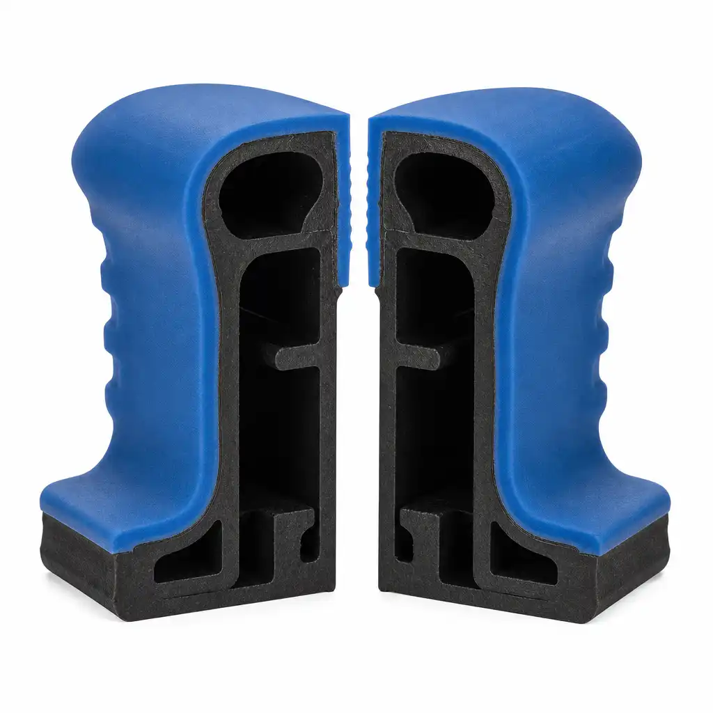 Two-shot overmolded part: black rigid nylon substrate with blue soft TPE grip overmolded on top, par