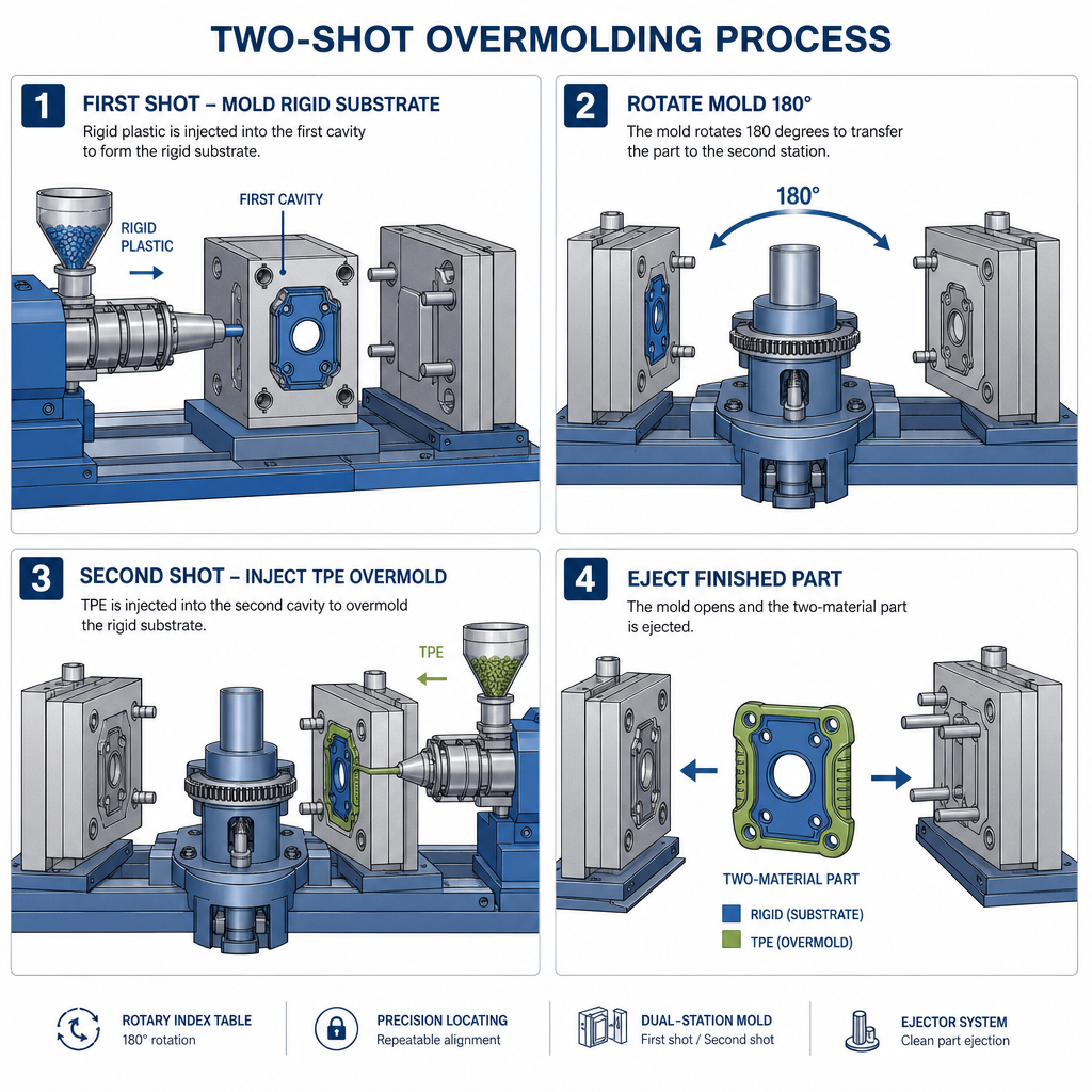 Overmolding Guide: Two-Shot Molding for Multi-Material Plastic Parts Step-by-step illustration two-shot overmolding process: first shot molds rigid s