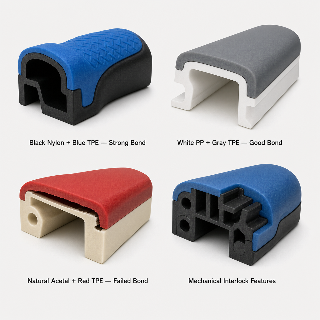 Overmolding Guide: Two-Shot Molding for Multi-Material Plastic Parts Four overmolded sample parts showing material combinations: black nylon with blu