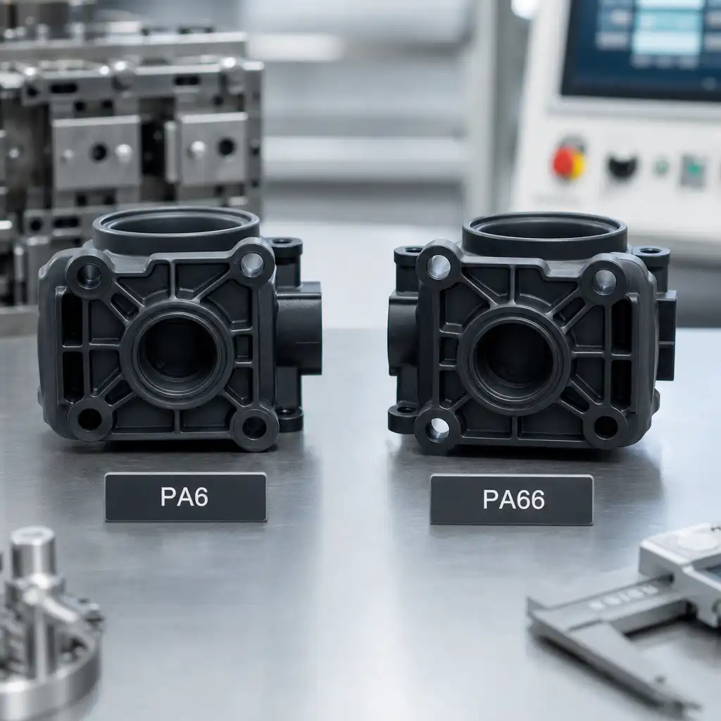 PA6 VS PA66 Professional industrial photograph: PA6 VS PA66, component manufacturing, clean