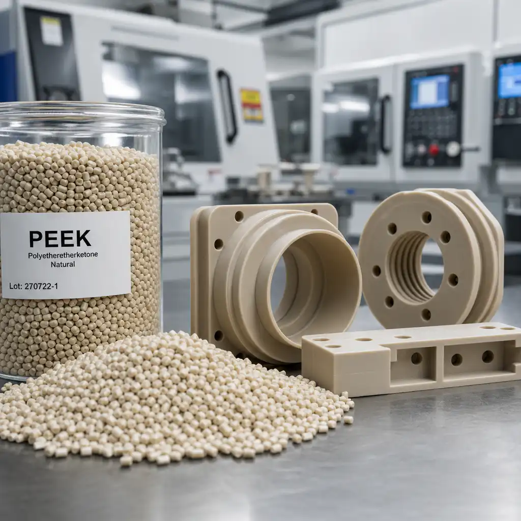 PEEK Plastic — The Ultimate Guide to High-Performance Engineering Polymers in 2026 Professional industrial photograph: PEEK Plastic , plastic manufacturing, clean
