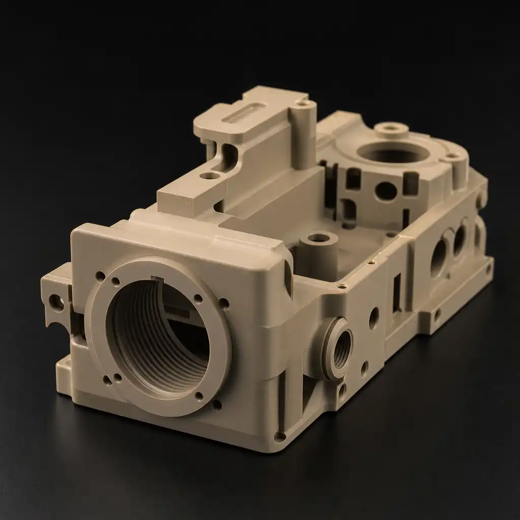 Precision CNC-machined PEEK component characteristic tan-beige color, showing complex geometry with