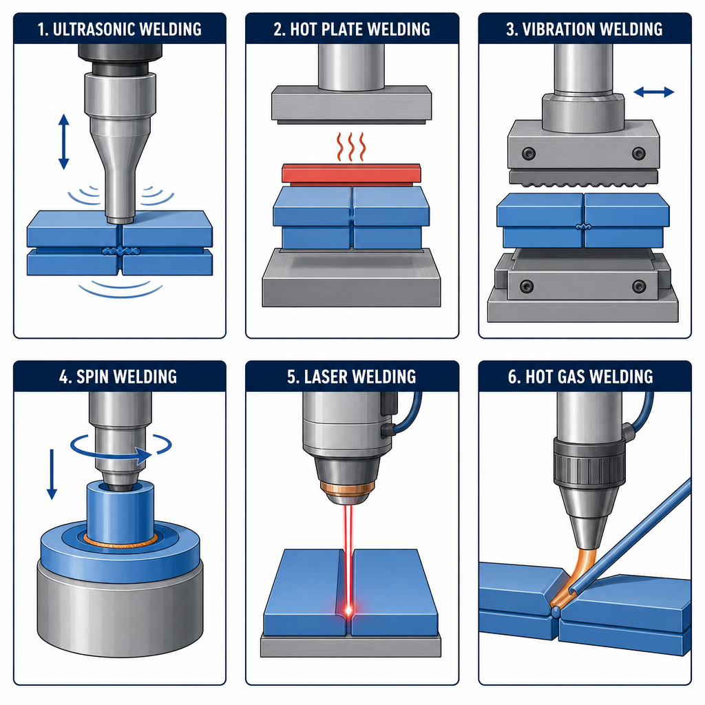 Plastic Welding: Complete Guide to Methods, Materials and Applications Grid illustration six welding methods: ultrasonic hot plate vibration spin laser