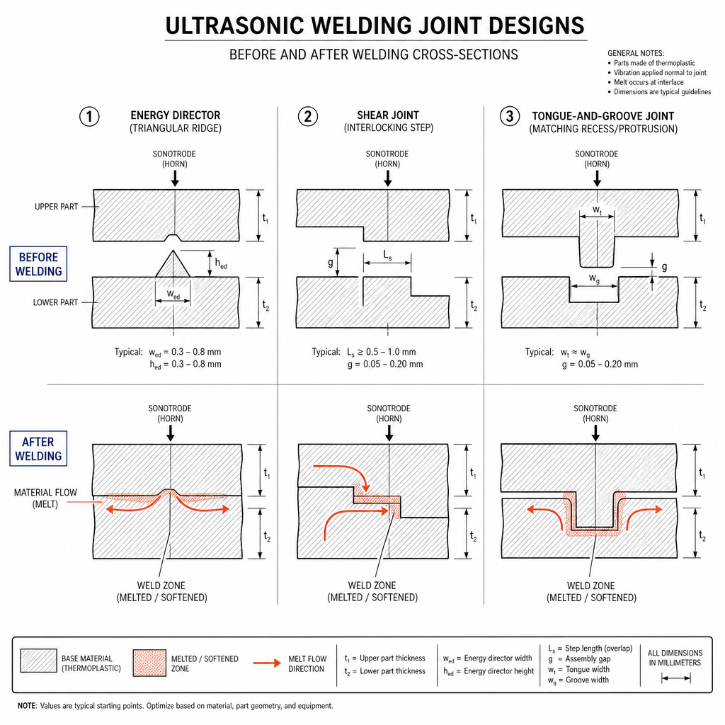 Plastic Welding: Complete Guide to Methods, Materials and Applications Engineering cross-section diagram ultrasonic welding joint design: energy direct