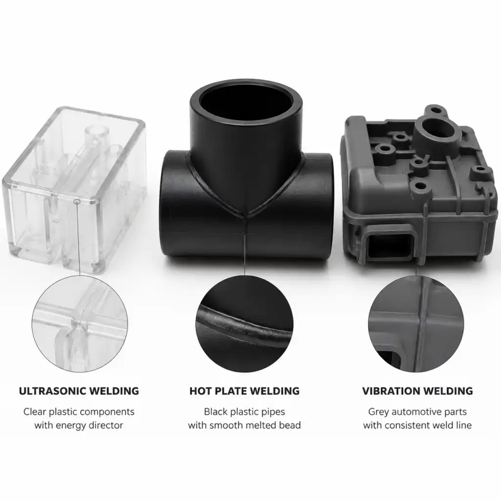 Various plastic welding methods displayed with sample parts showing ultrasonic hot-plate and vibration welds