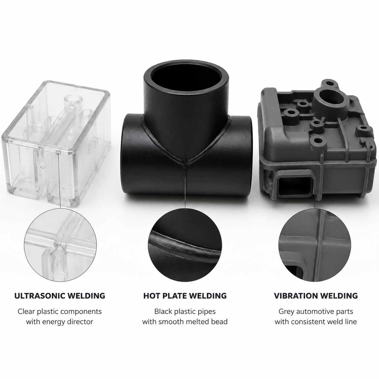 Various plastic welding methods displayed with sample parts showing ultrasonic hot-plate and vibration welds