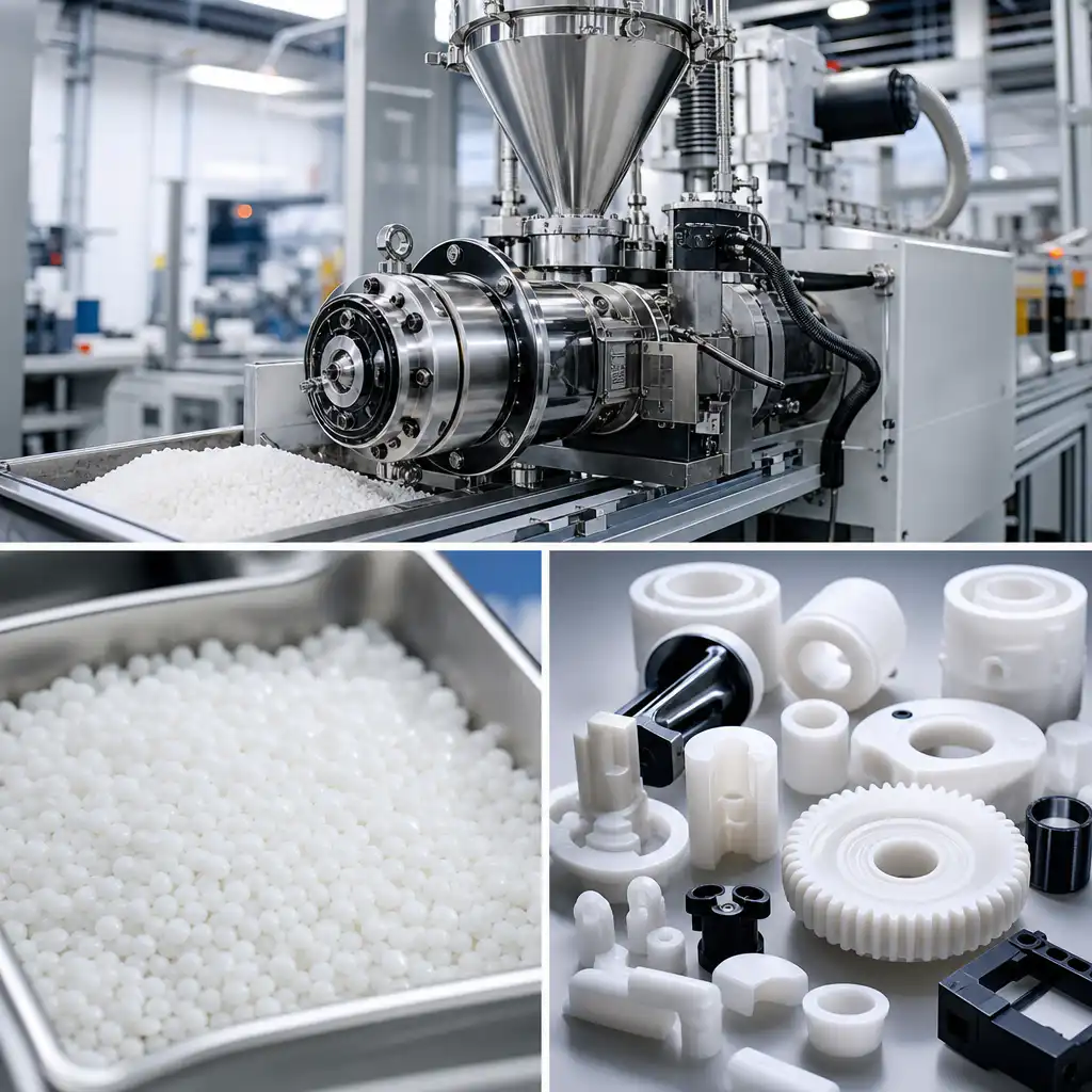Professional industrial photograph: POM Acetal (Polyoxymethylene) , manufacturin