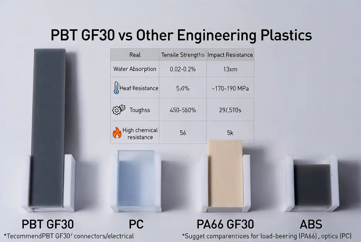 PBT GF30: Tính chất, Bảng thông số kỹ thuật và Hướng dẫn toàn diện về polybutylene terephthalate gia cường sợi thủy tinh Hướng dẫn về polybutylene terephthalate (PBT-GF30) gia cường sợi thủy tinh - So sánh