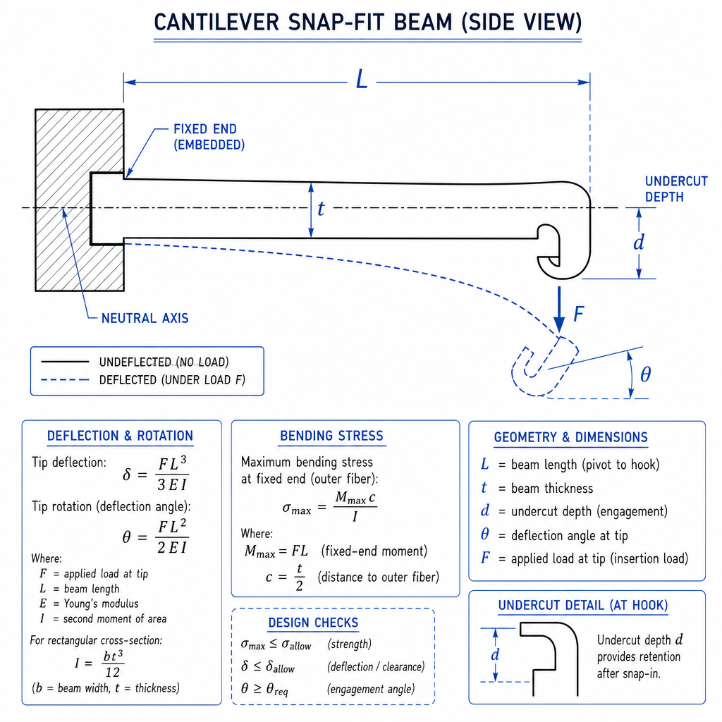 Engineering diagram cantilever snap fit beam with annotated dimensions: beam len