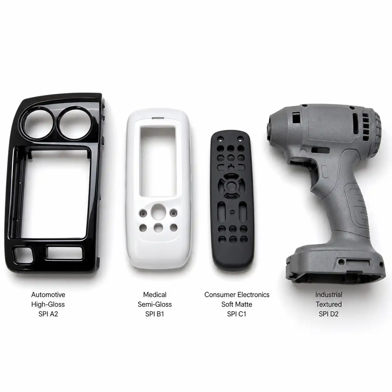 Four plastic parts with different SPI finishes for different industry applications