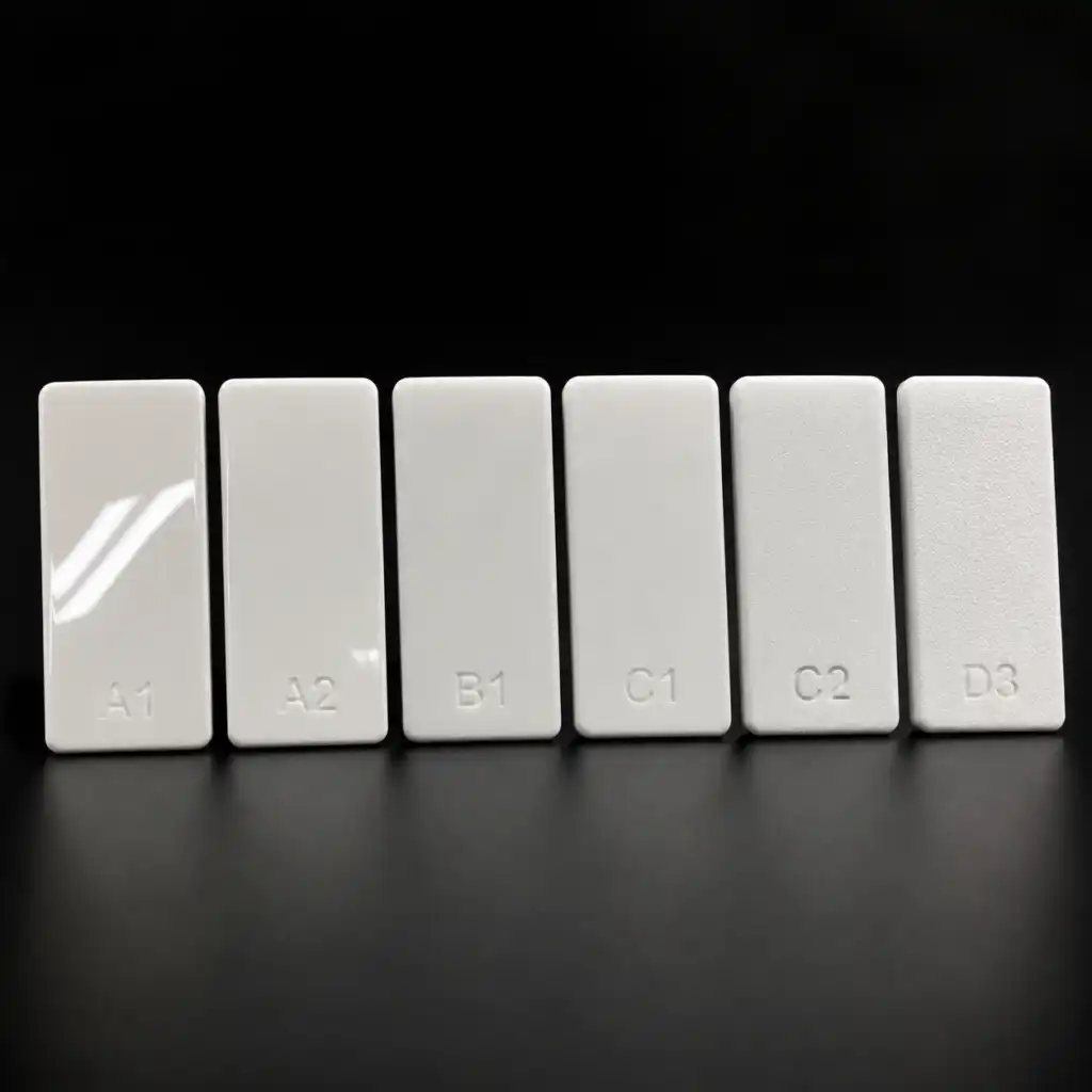 Six injection molded nylon plaques showing SPI surface finish grades from A1 mirror gloss to D3 matte texture