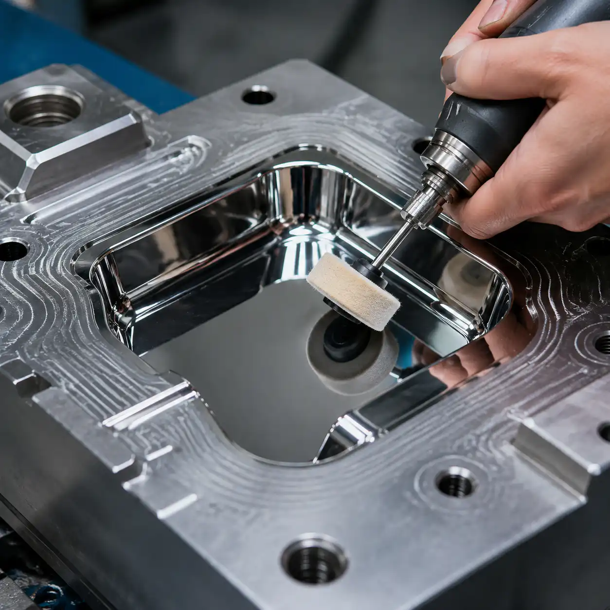 Machinist hand polishing injection mold cavity with diamond compound on rotary tool
