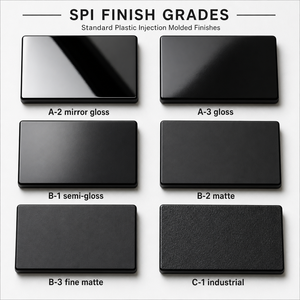 SPI Surface Finish Standards for Plastic Injection Molding: Complete Guide Visual reference chart six SPI finish grades in grid: A-2 mirror gloss, A-3 glos