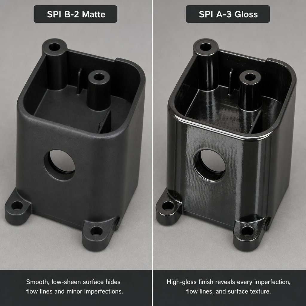 SPI Surface Finish Standards for Plastic Injection Molding: Complete Guide Side-by-side comparison two identical nylon injection molded parts: one SPI B-2