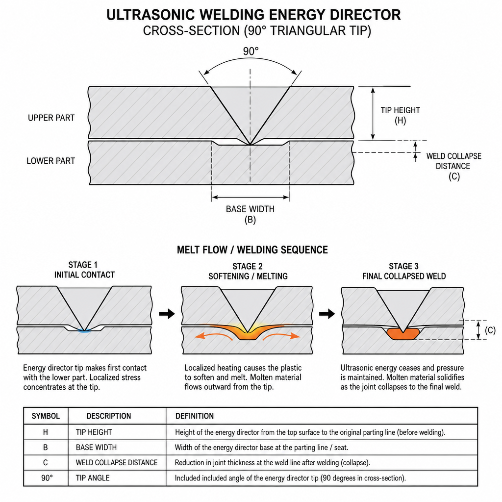 Cross-section diagram of ultrasonic welding energy director design