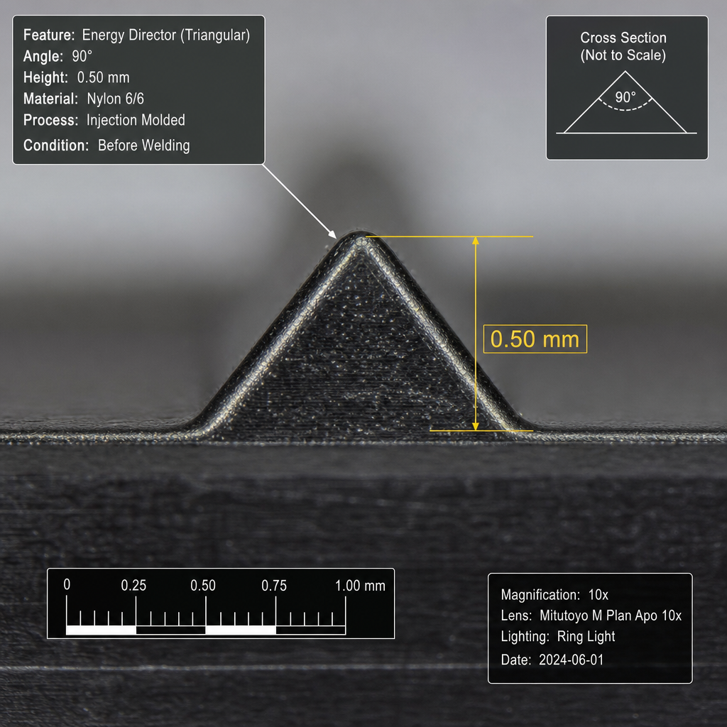 Extreme close-up macro photograph triangular energy director ridge on nylon inje
