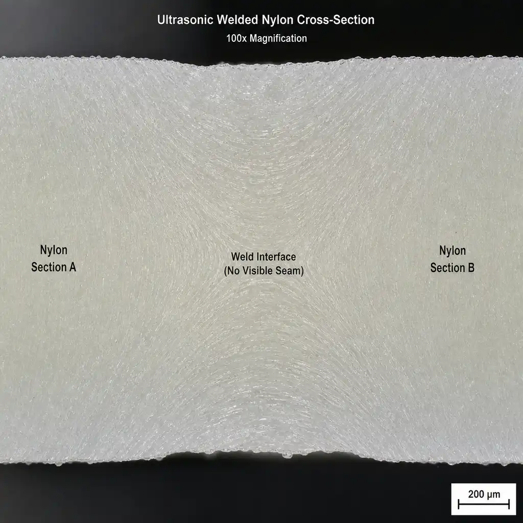 Cross-sectioned ultrasonically welded nylon part showing clean molecular bond at