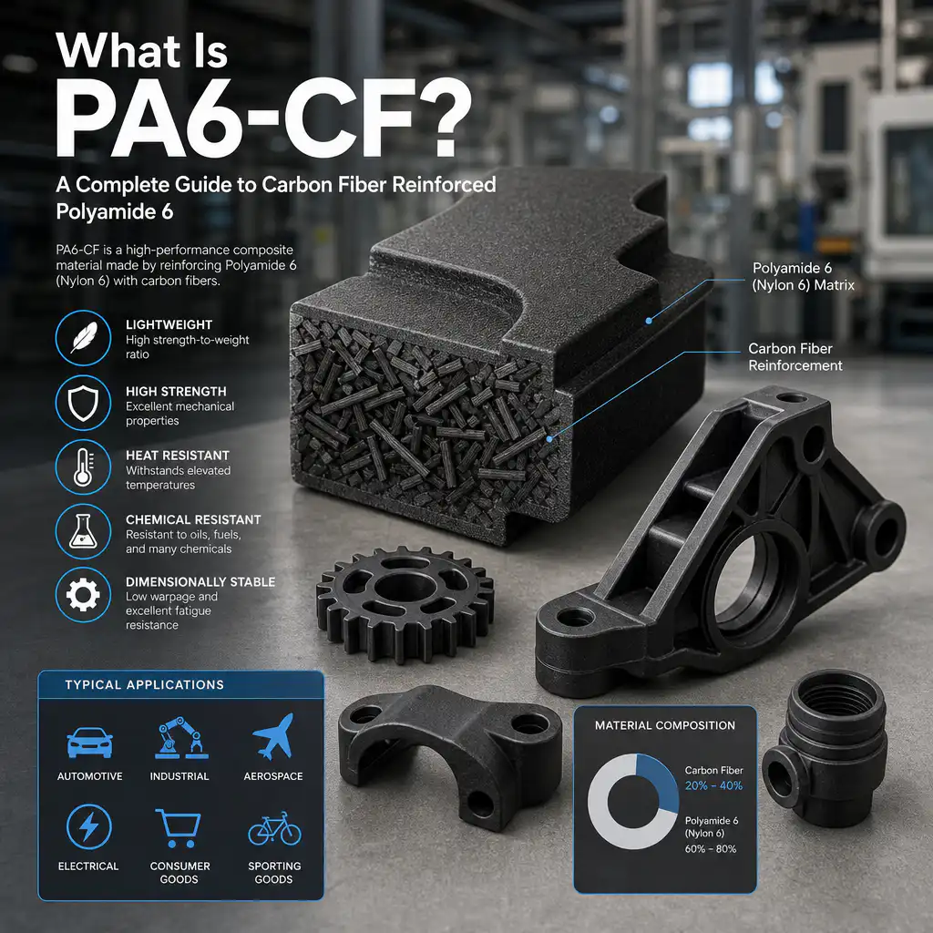 PA6-CF là gì? Hướng dẫn toàn diện về nylon 6 gia cố sợi carbon trong in 3D Professional industrial photograph: What Is PA6-CF? A Complete Guide to Carbon F