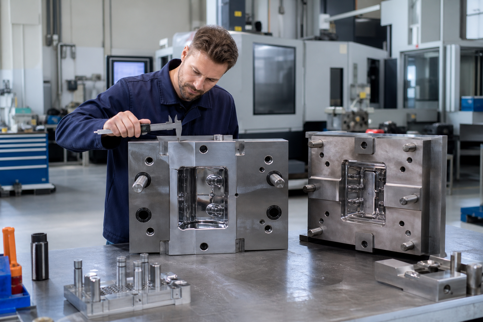 Two-shot molding tooling review with dual cavity inserts and sample plastic parts