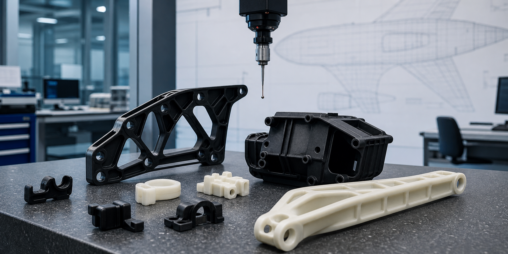 Aerospace plastic molding components including lightweight brackets and housings