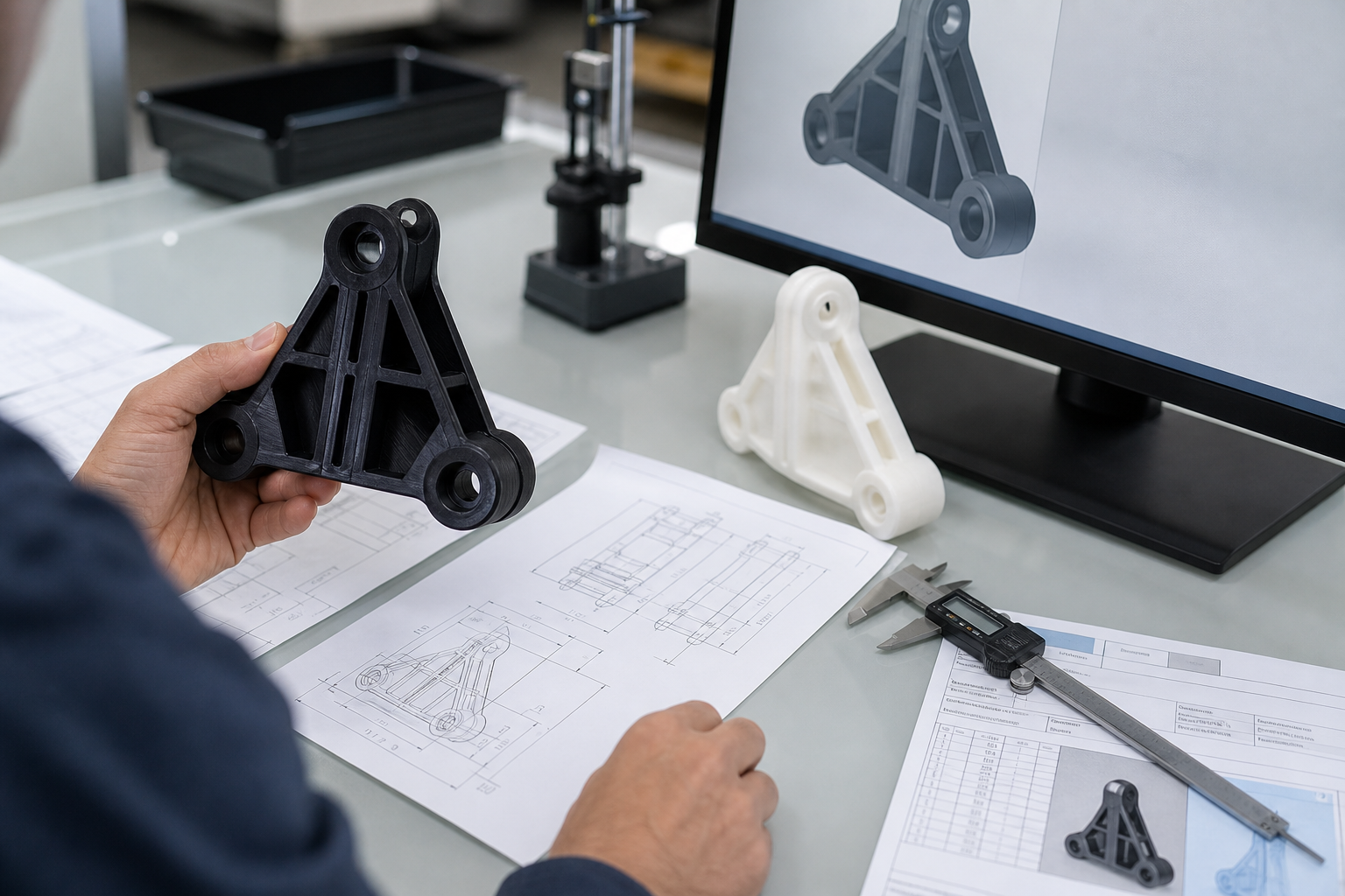 Engineer reviewing aerospace plastic molding drawing and inspection documentation