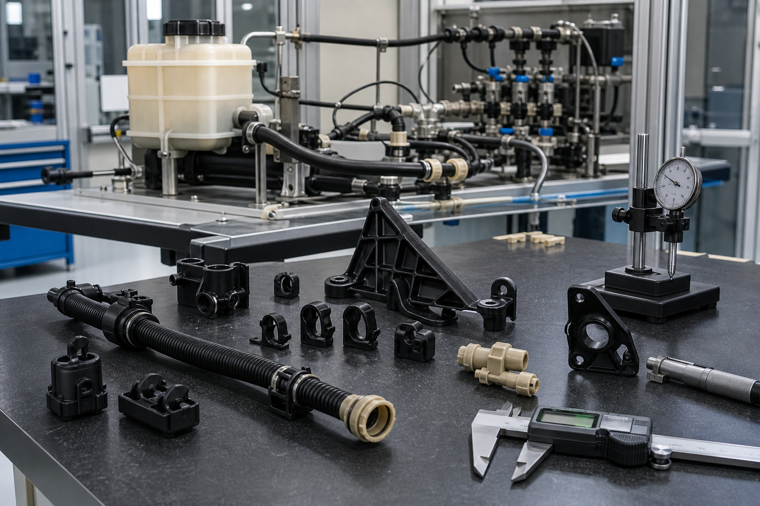 Hersteller von Kunststoffkomponenten für die Automobilindustrie: IATF 16949, PPAP und Leitfaden zur Materialauswahl Inspection of automotive plastic component with gauges and dimensional review tools