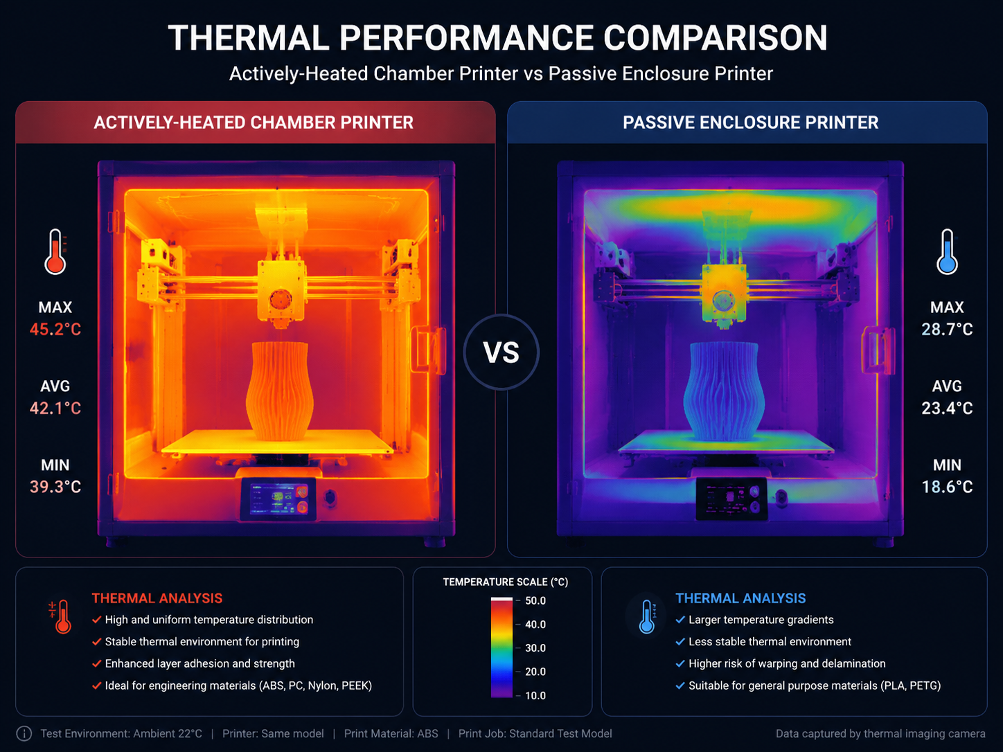 Thermal imaging comparison showing chamber temperature gradients between actively-heated and passively-heated enclosed printers