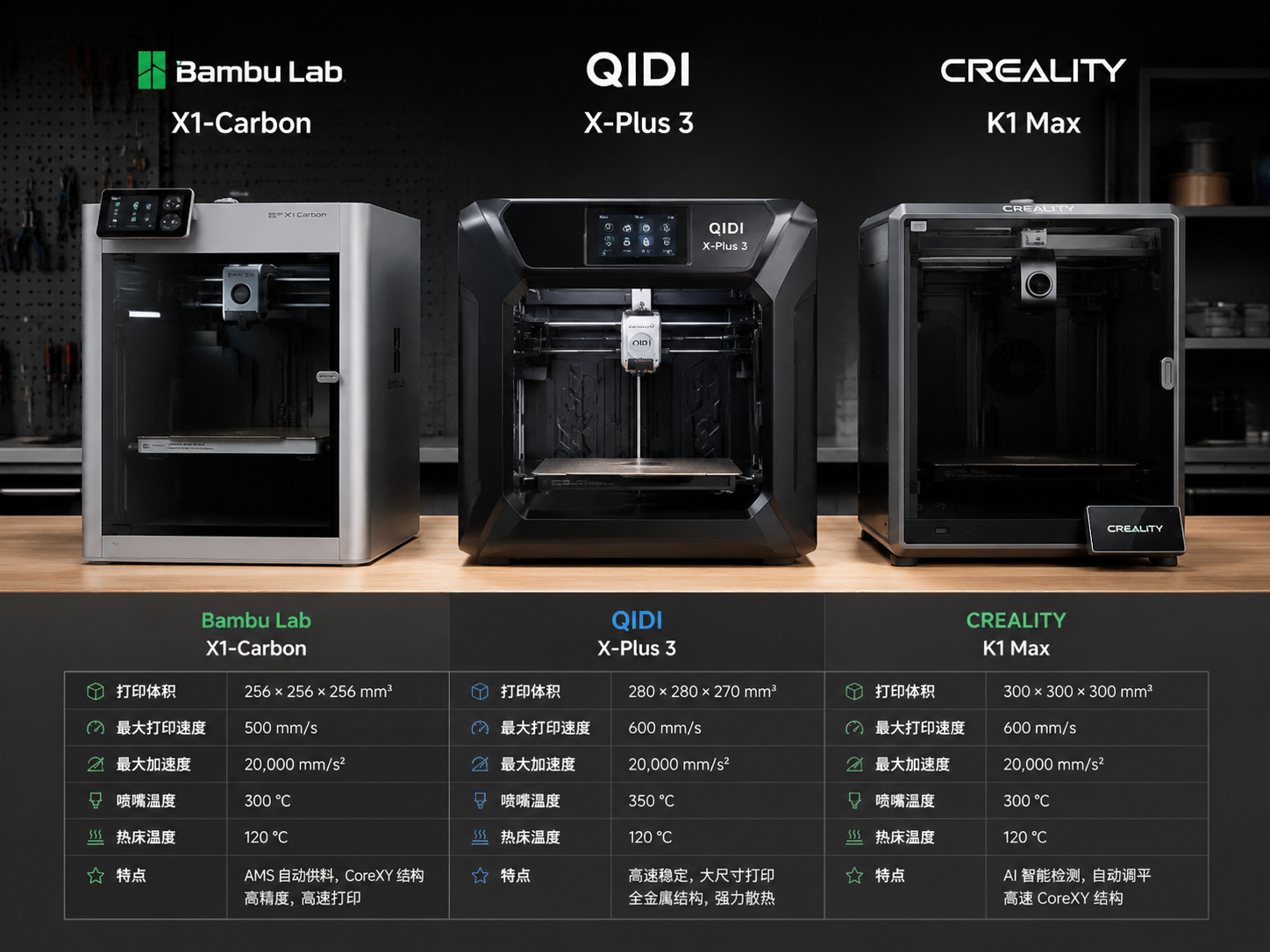 Side-by-side comparison of Tier 1 enclosed desktop printers: Bambu Lab X1E, Qidi X-Max 3, Creality K2 Plus on engineering workbench