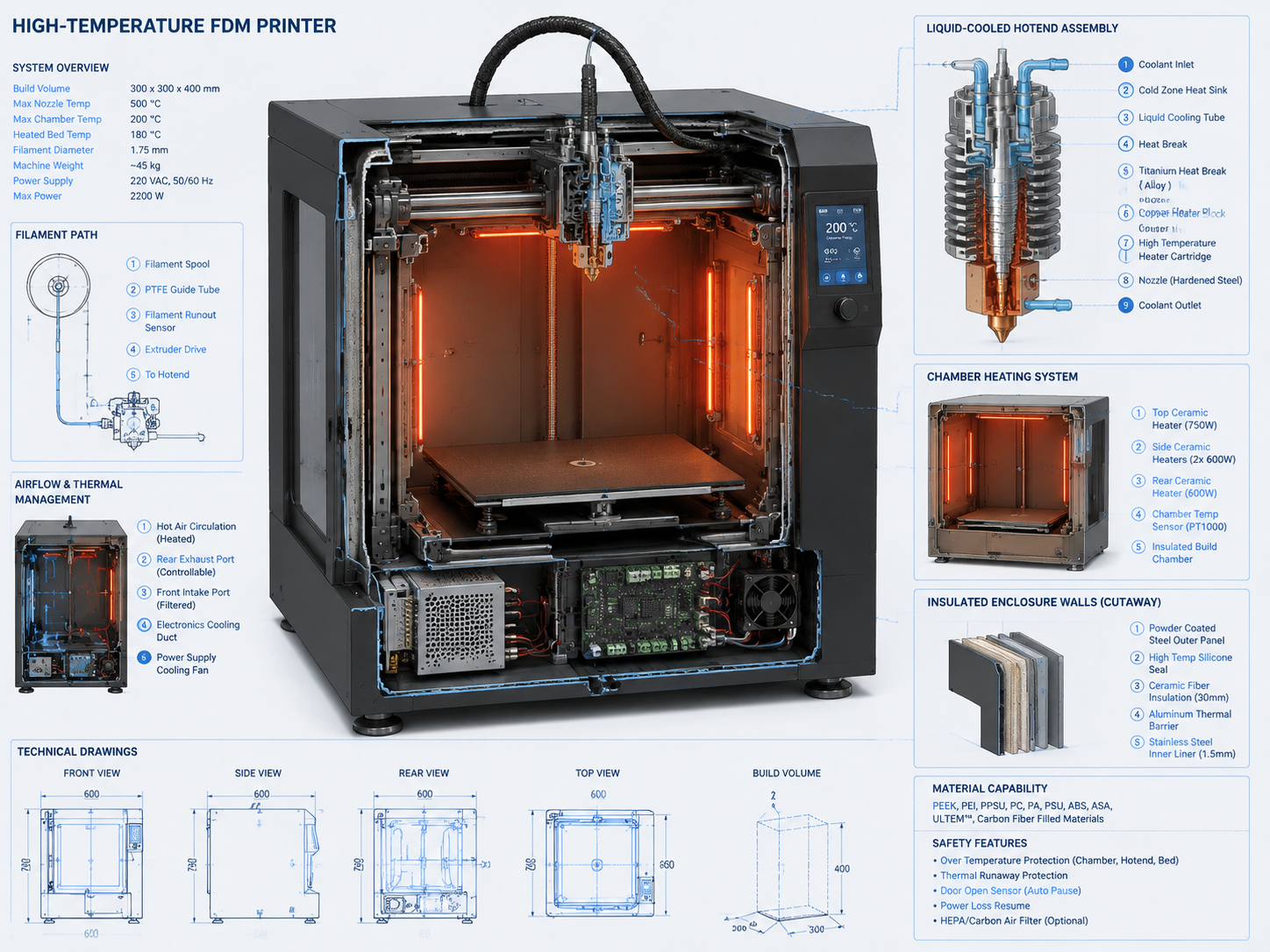 Detailed cutaway CAD rendering of high-temperature FDM printer showing active chamber heating elements, insulated enclosure, and liquid-cooled hotend assembly