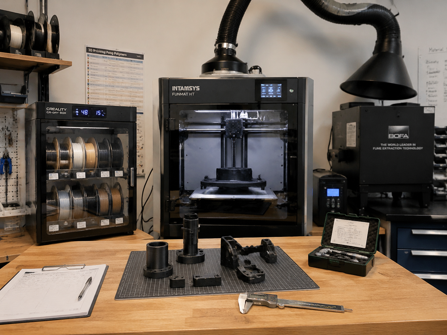 Professional engineering lab setup with high-temperature FDM printer, filament drying station, fume extraction, and quality control measurement tools