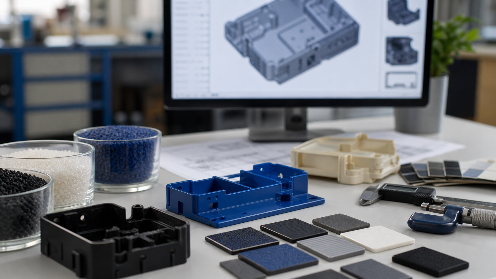 Plastic material pellets molded samples surface texture plaques and CAD screen for custom molded parts quote