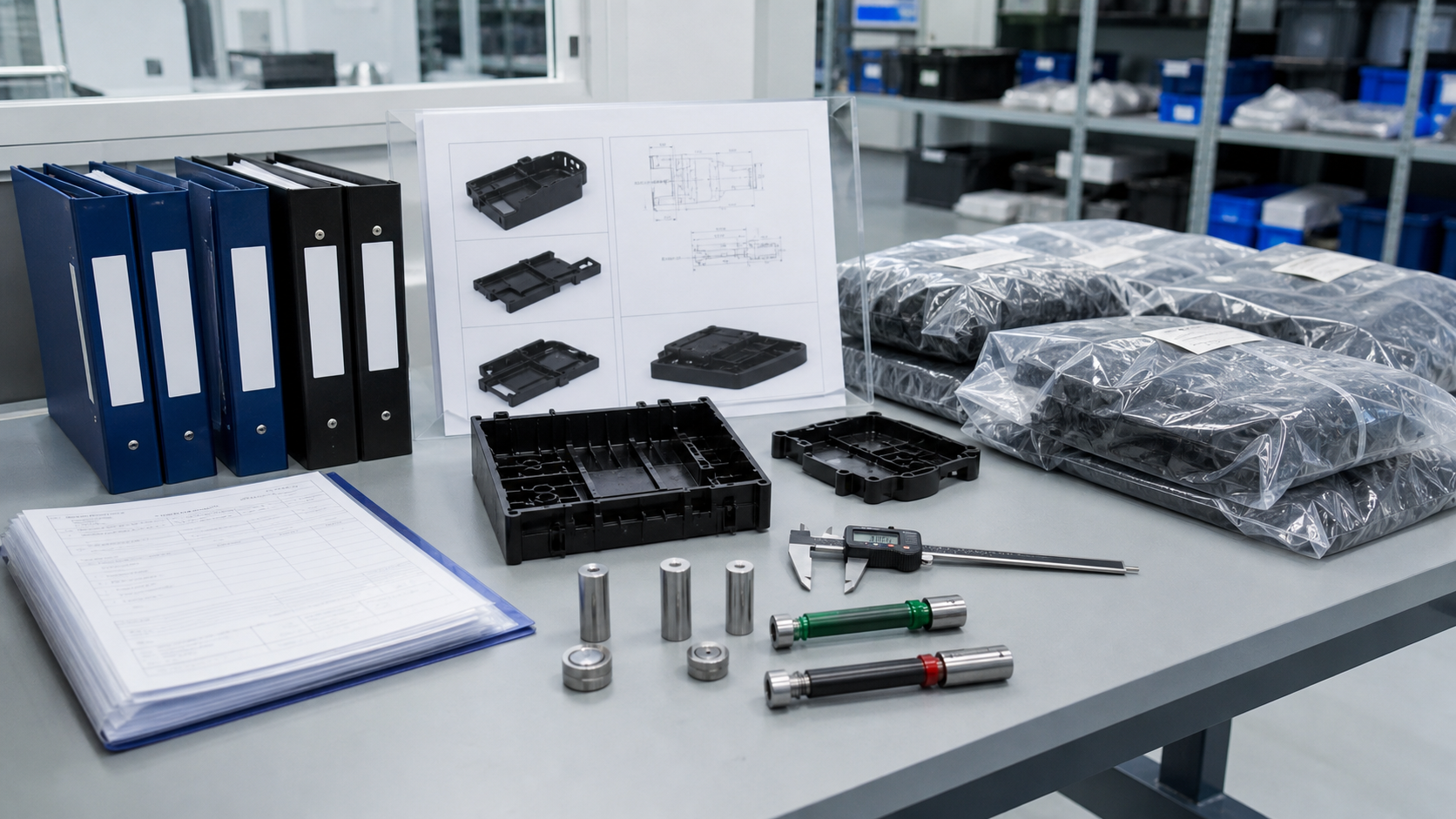 plastic parts supplier quality inspection setup Plastic parts first article inspection setup with molded samples gauges and packed production parts