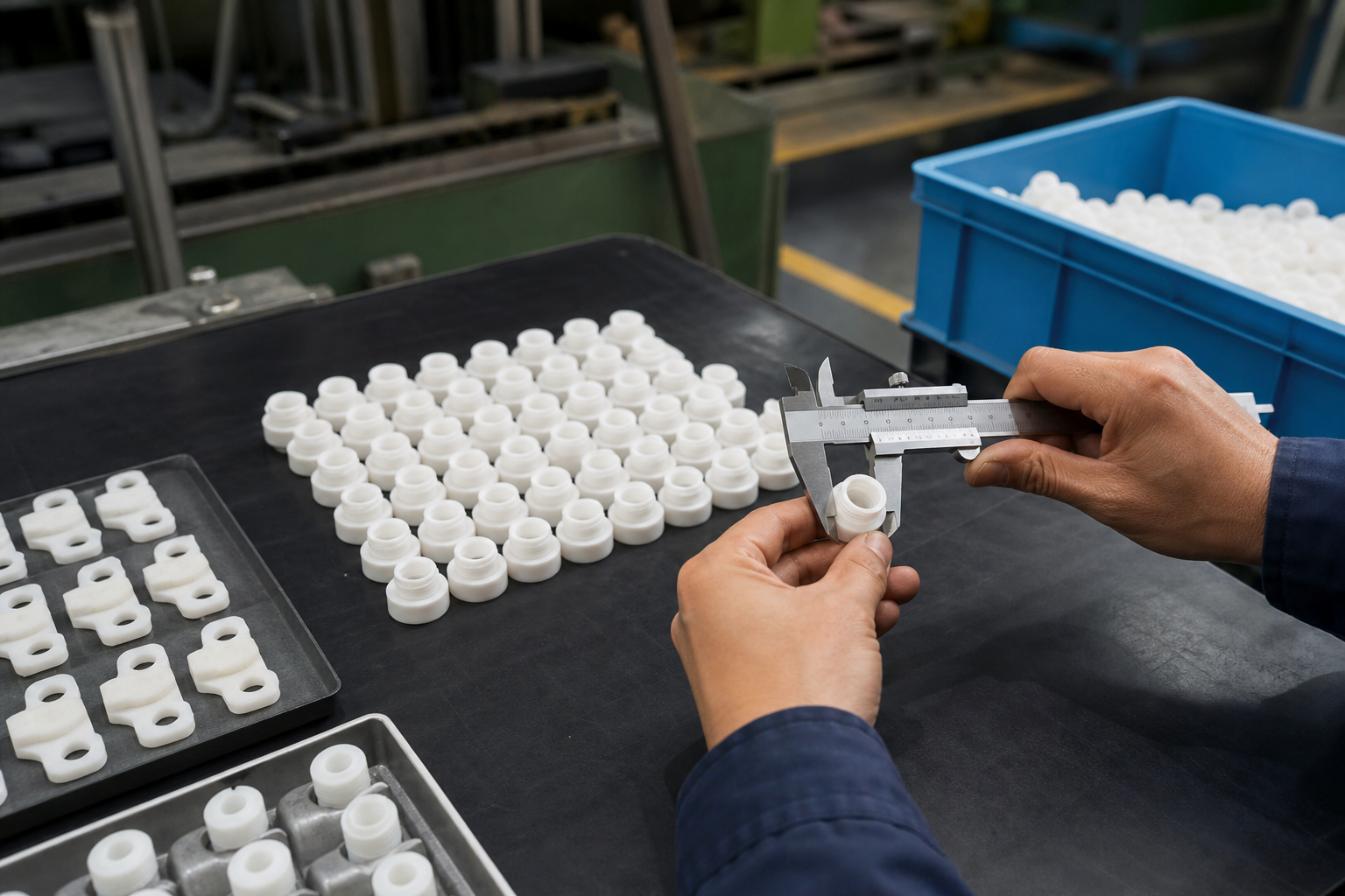 Factory audit scene with calipers and nylon parts for supplier selection in North America