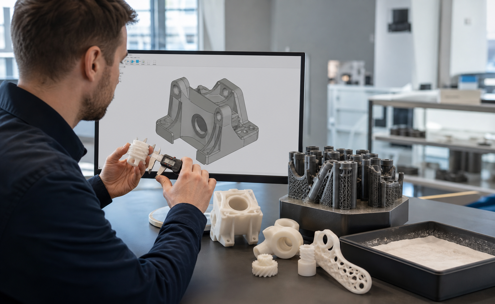 Ingénieur vérifiant les plans CAO et les mesures prises au pied à coulisse en vue d'un devis pour un service d'impression 3D en nylon