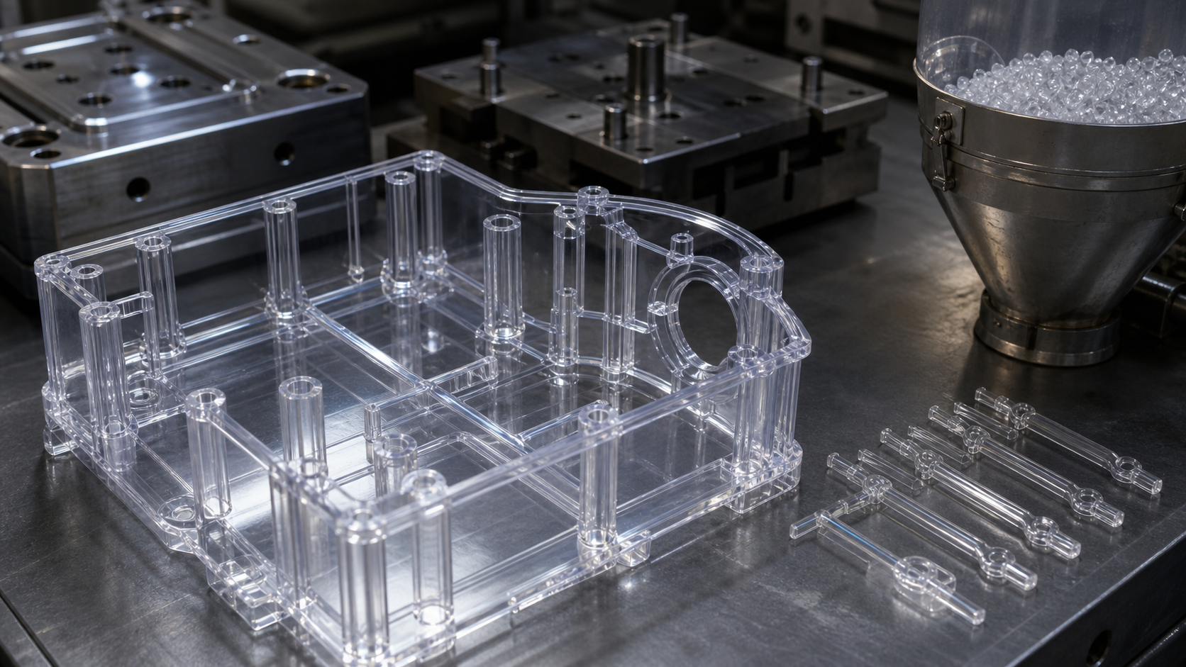 Clear polycarbonate molded housing with ribs bosses flow samples and drying hopper pellets