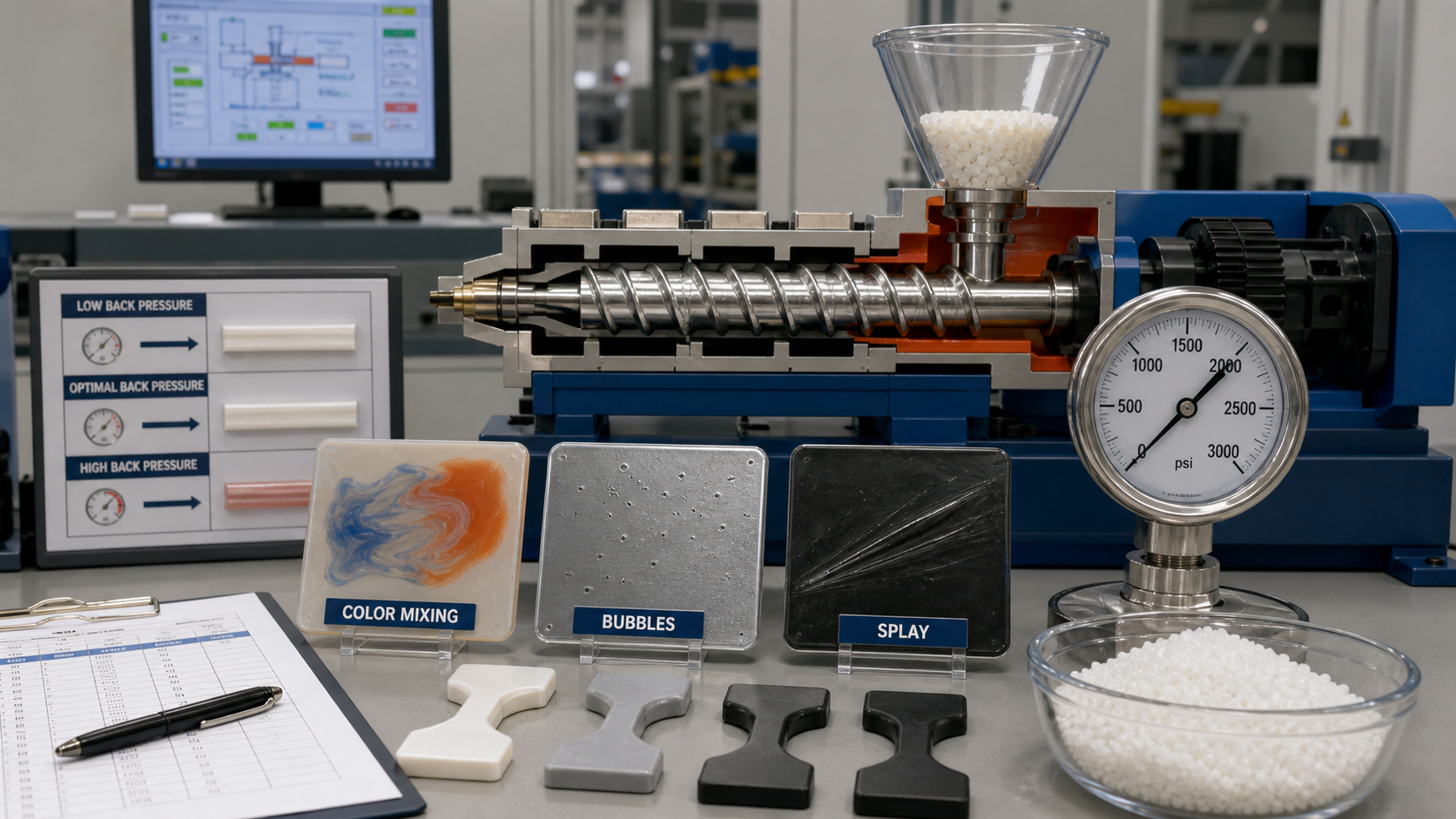 Injection molding pressure control, screw movement and melt quality evidence