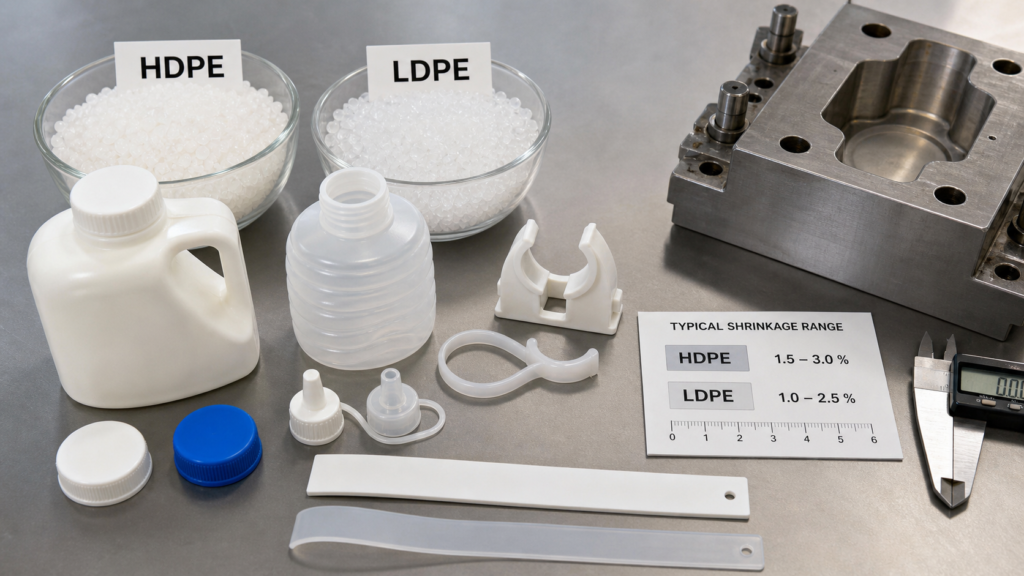 HDPE and LDPE polyethylene injection molded parts resin pellets mold insert shrinkage card and calipers