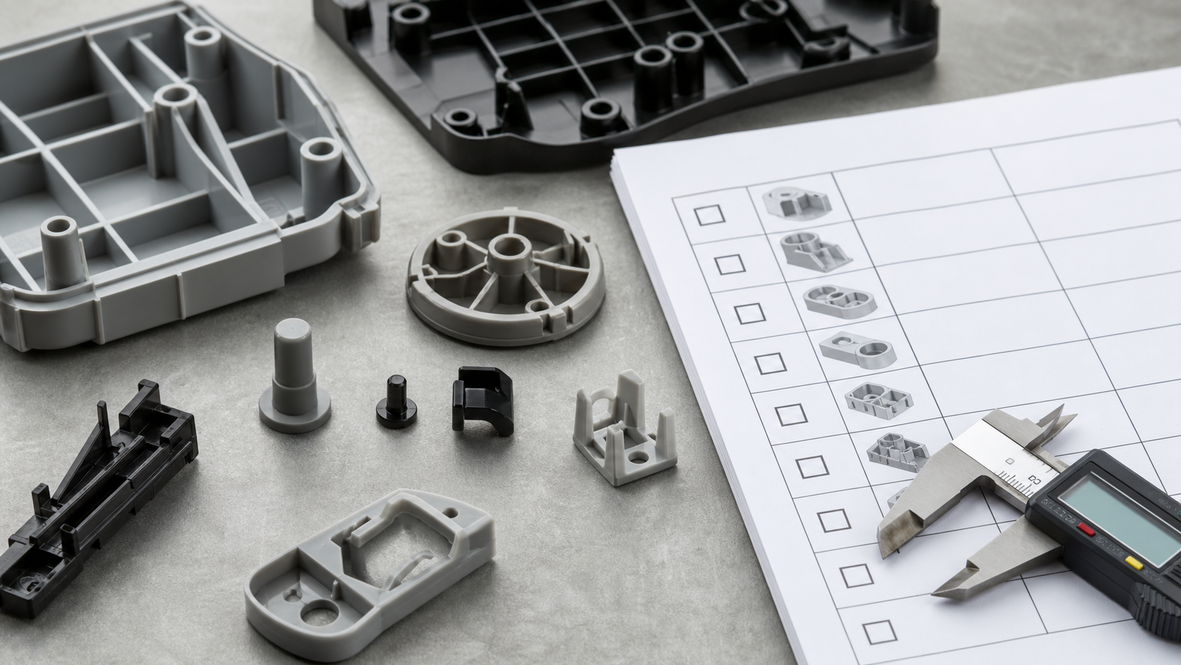 Injection molded ribs bosses snap fits and gate samples used for custom plastic part DFM review