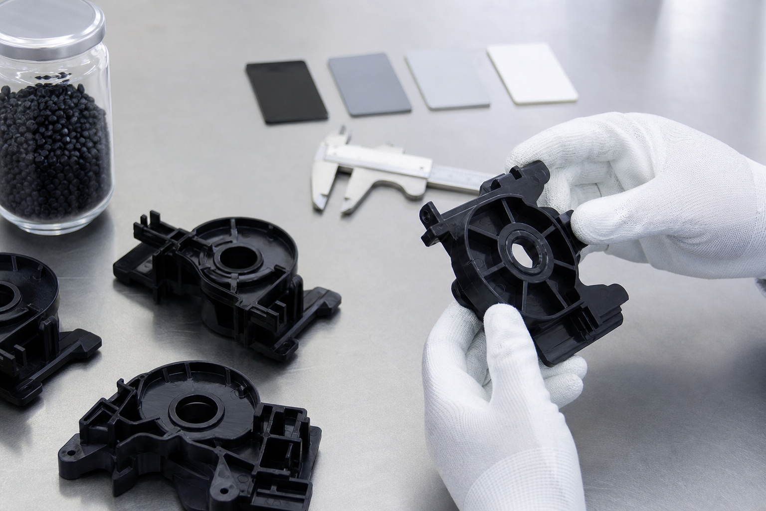 Quality inspection of nylon molded parts with calipers and material samples on a clean bench