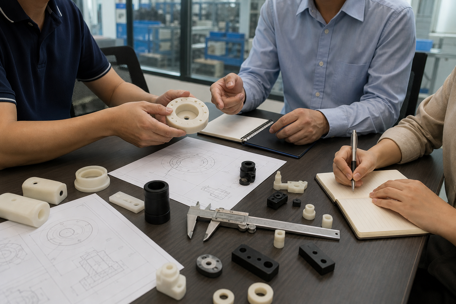 Nylon Parts Manufacturer: How to Choose a Nylon Molding Company for Custom Parts Nylon parts manufacturer meeting with custom nylon samples and supplier review documents