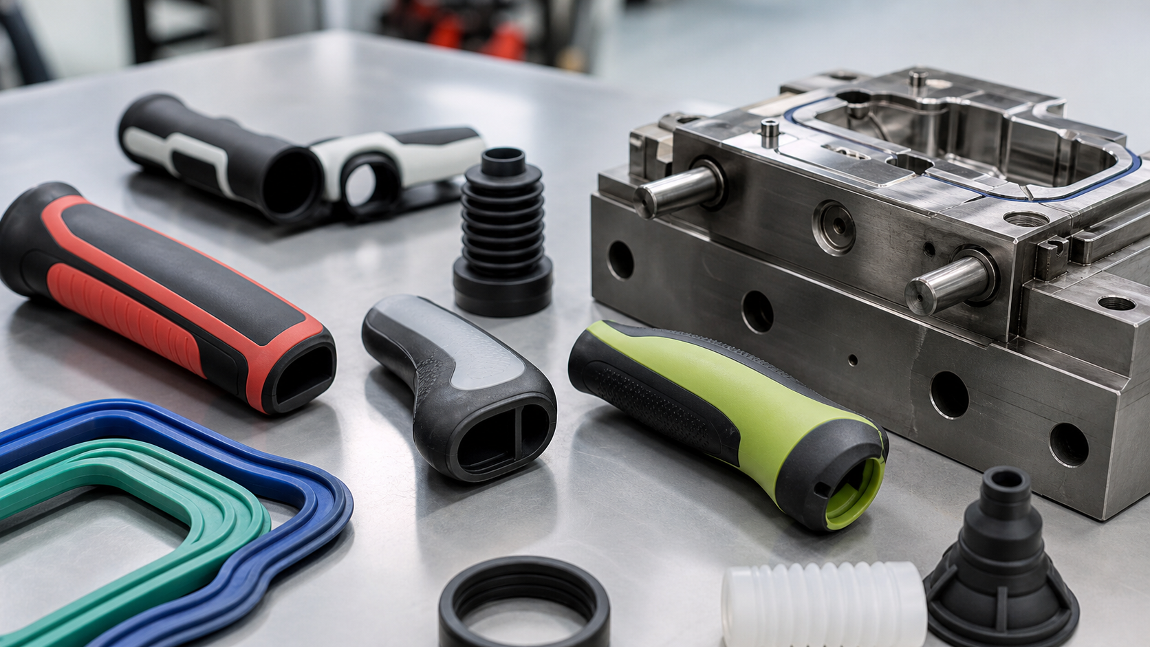 TPE overmolded grips, seals and two-shot molded handles beside an injection mold insert