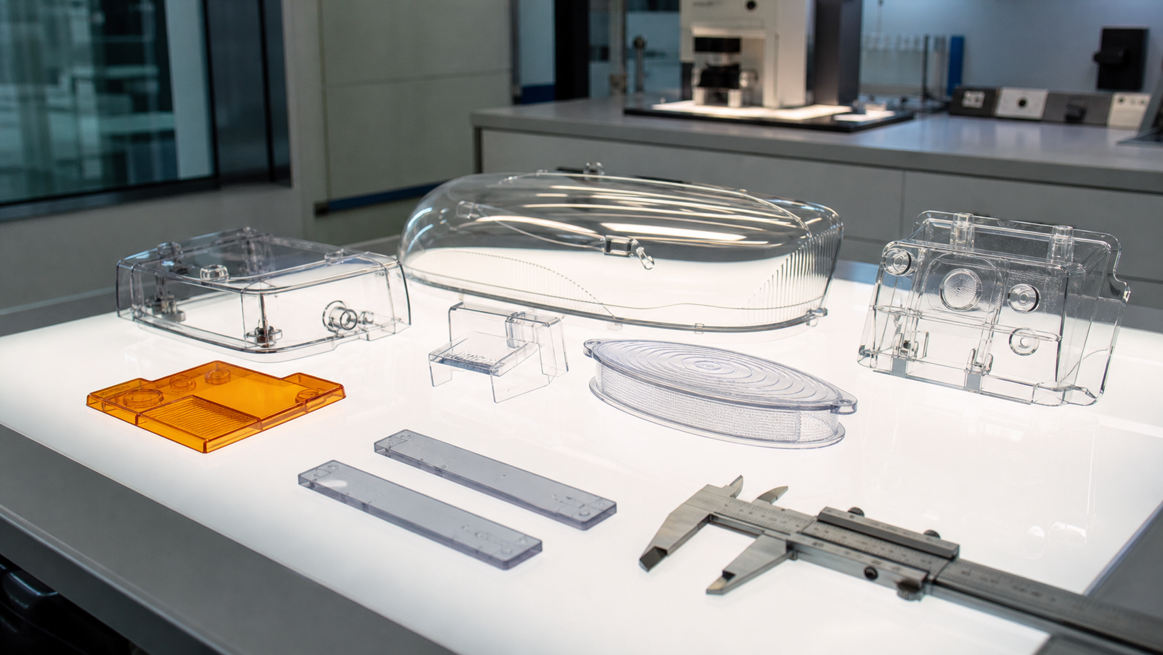 Clear PC lens covers transparent housings amber PC sample and calipers on a light table