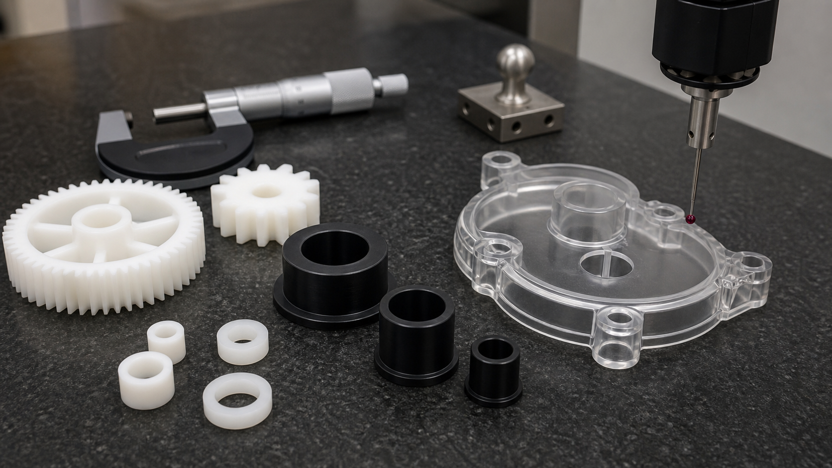 machined plastic parts inspection for gears bushings and covers Machined nylon gears POM bushings PTFE spacers and clear PC cover under inspection