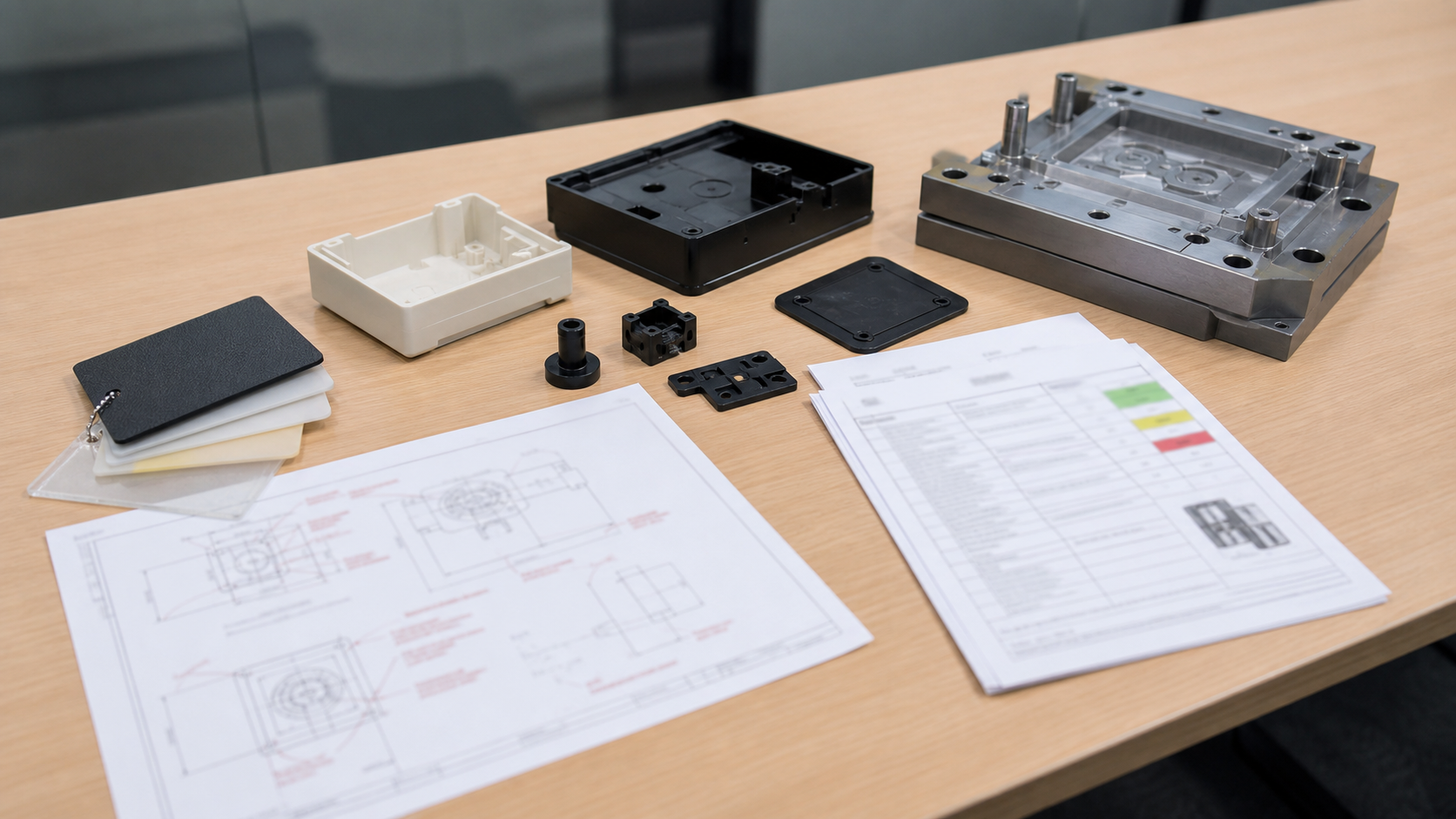 Custom injection molded components with material plaques mold insert and blurred DFM review documents