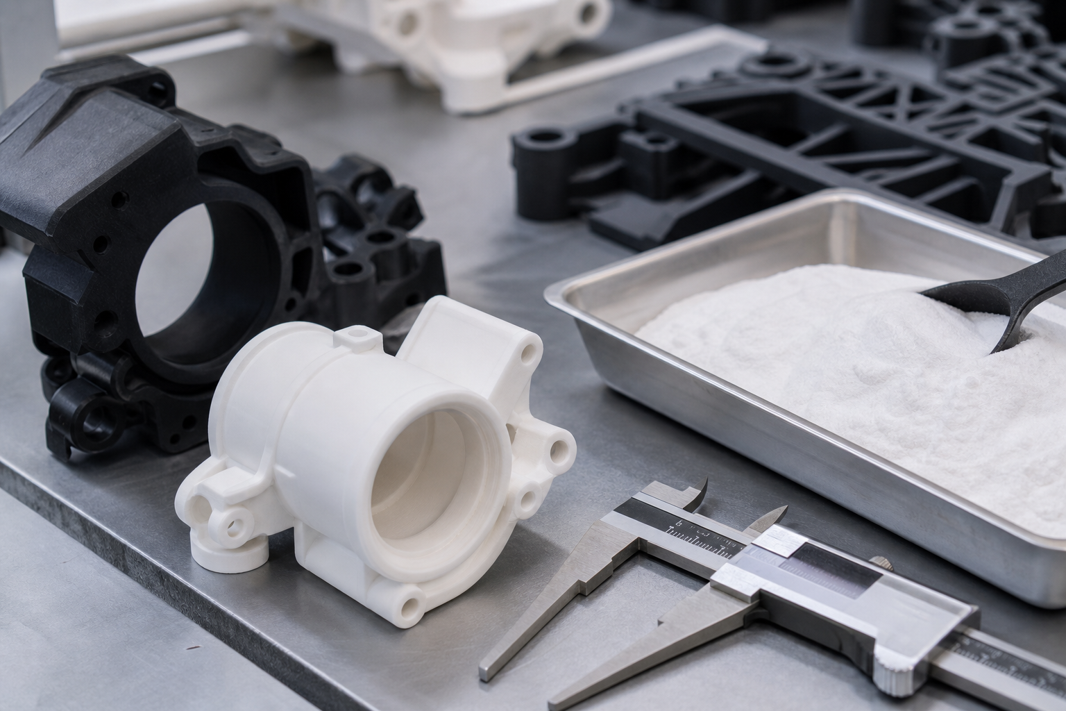 Nylon 3D printing service parts with powder bed material and inspection tools on a metal bench