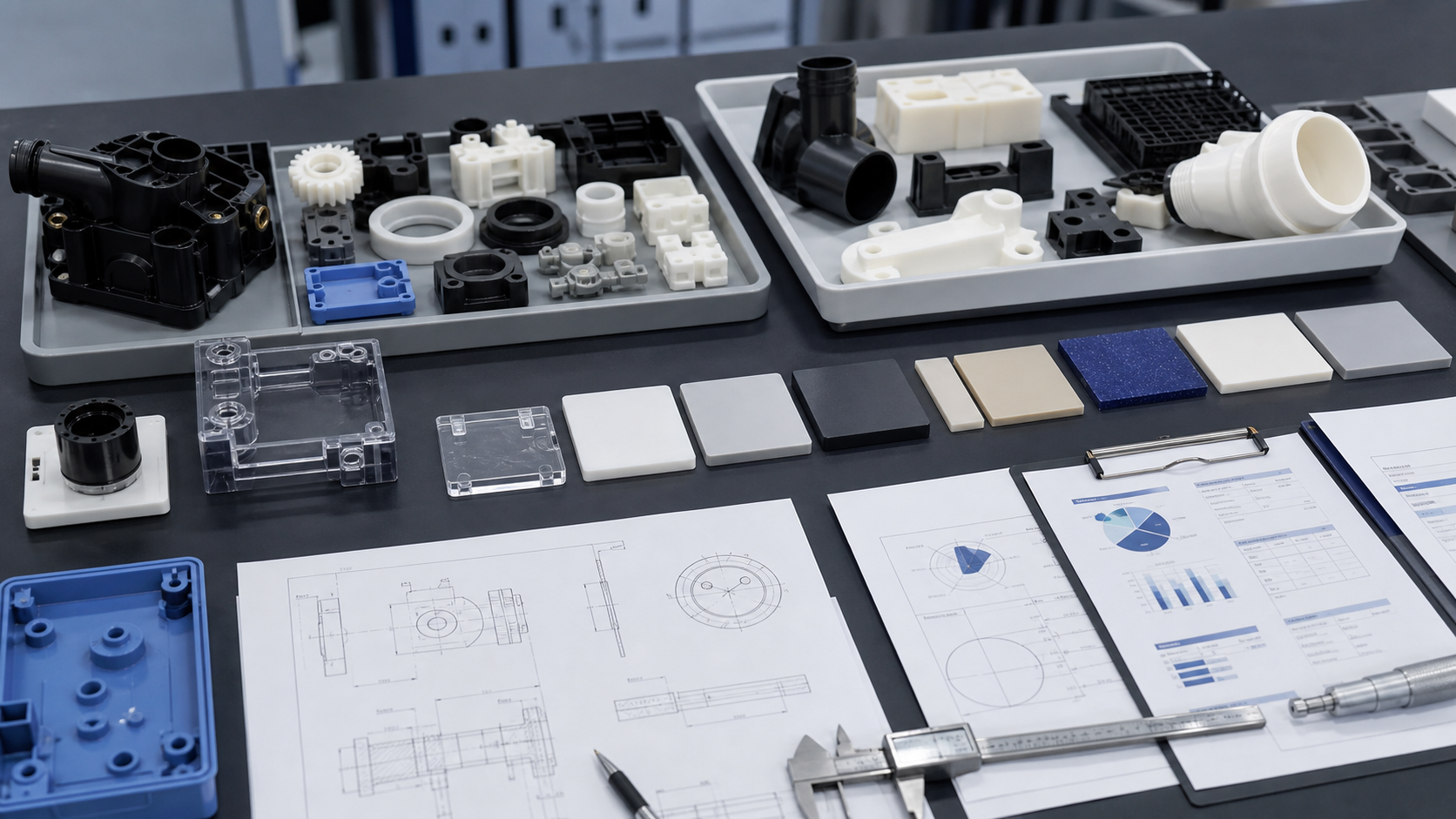plastic parts supplier evaluation custom components Plastic parts supplier evaluation table with molded and machined components material plaques CAD drawings and inspection papers