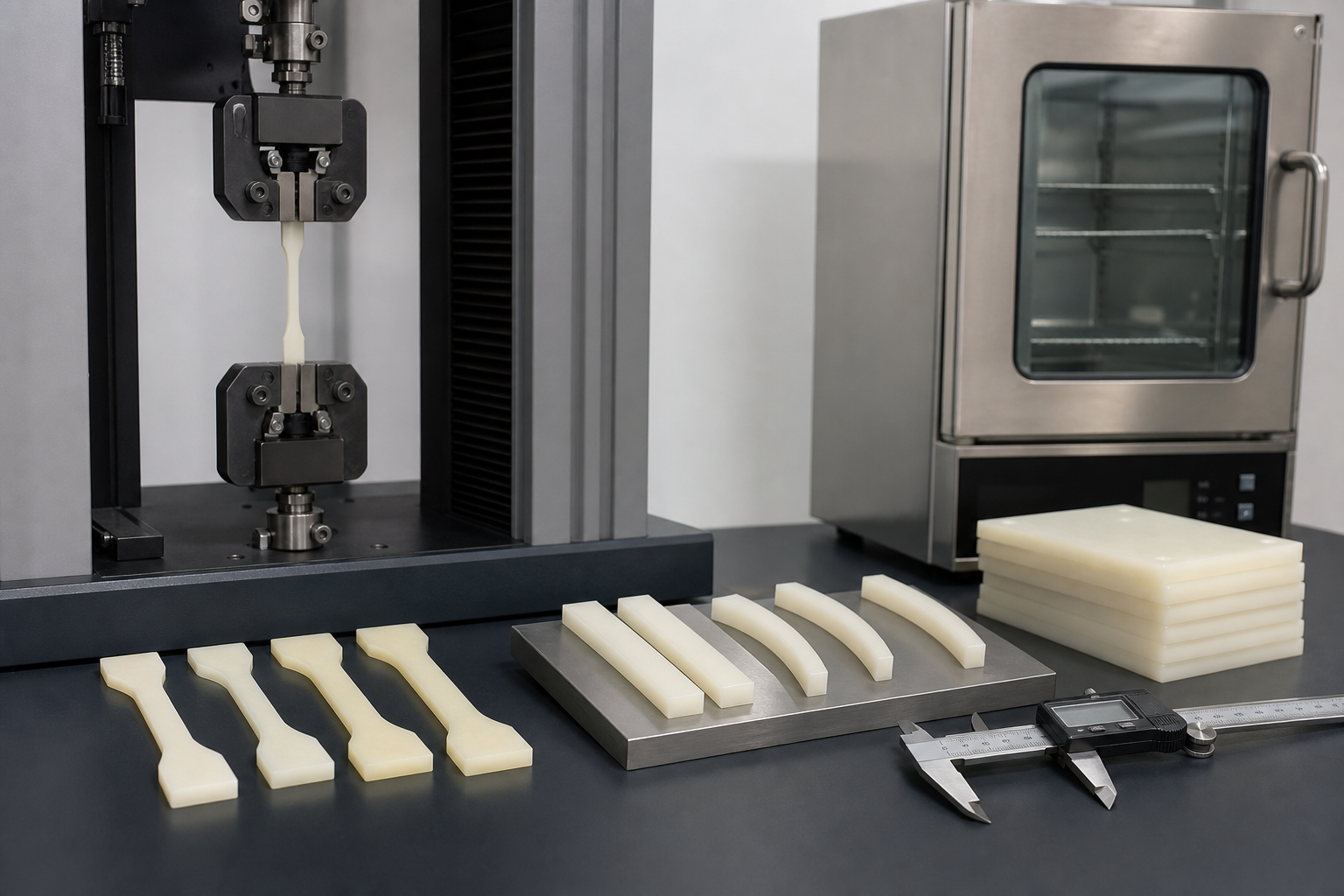 Nylon Mechanical Properties: Tensile, Flexural, Creep and Moisture Guide Tensile and flexural nylon specimens measured in a technical lab with calipers