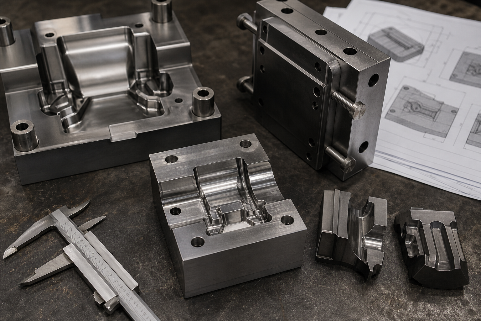 Precision mold cavity blocks and calipers used for mold fabrication quality control
